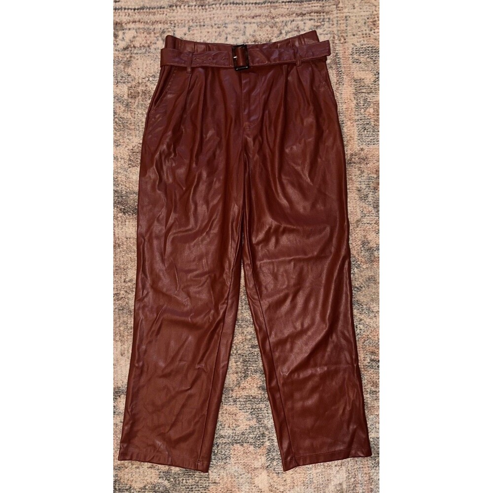 High-Rise Faux Leather Pants Belt Pleated Front Pants Crimson Sz 2 Who What Wear